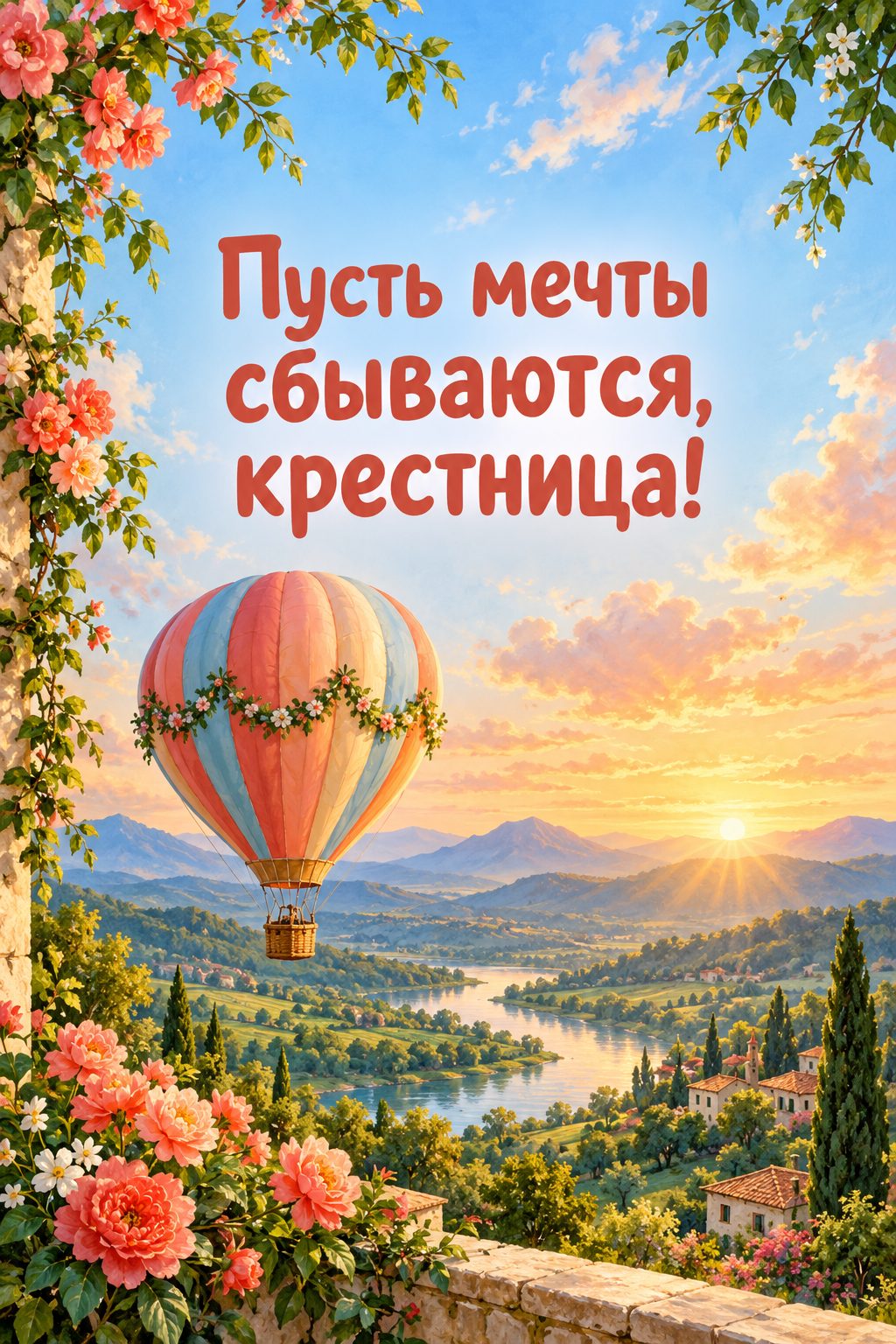 Открытка с днём рождения крестнику: воздушный шар над зелёной долиной на рассвете, надпись «Пусть мечты сбываются, крестница!»