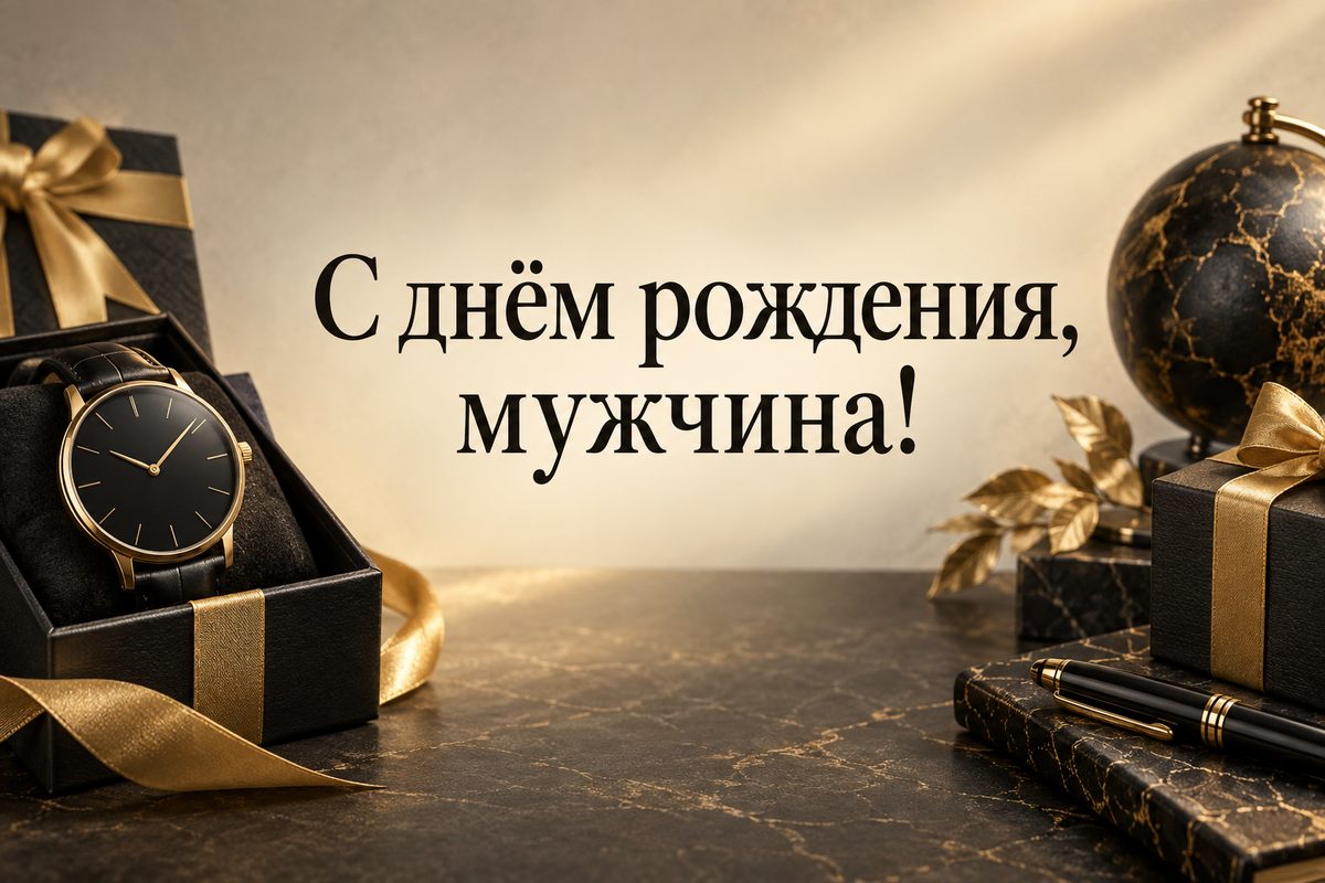 Открытка с днем рождения мужчине: классические часы на подарочной коробке, надпись «С днём рождения, мужчина!»