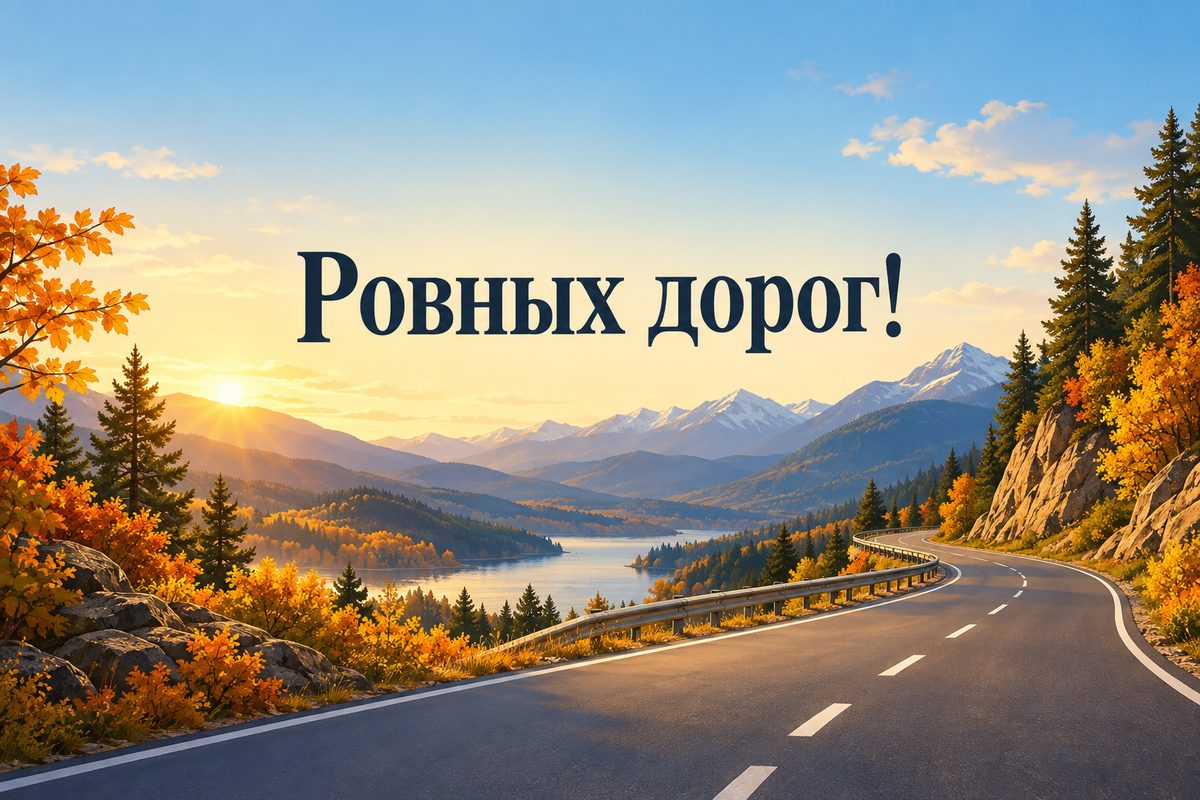 Открытка с днем рождения мужчине: извилистая дорога в осенних горах, надпись «Ровных дорог!»