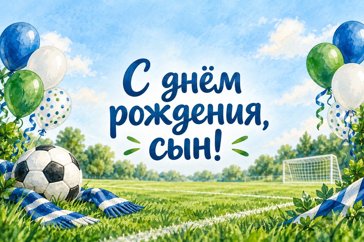 Открытка с днем рождения мужчине: футбольный мяч на поле и шары, надпись «С днём рождения, сын!»
