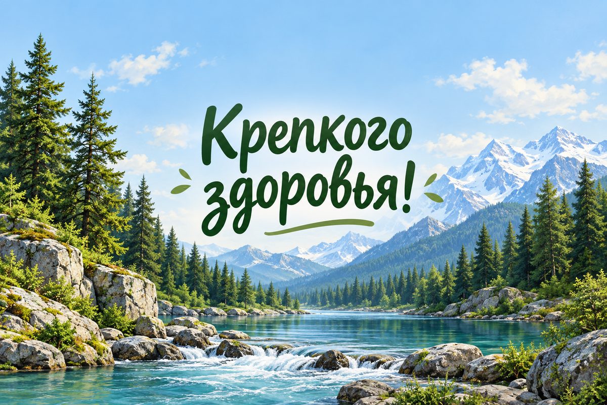 Открытка с днем рождения мужчине: горная река и сосновый лес, надпись «Крепкого здоровья!»