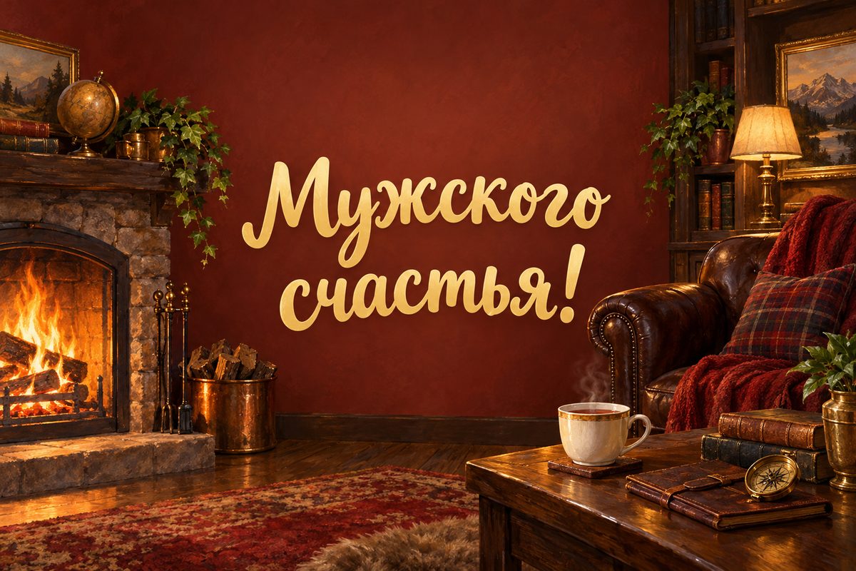 Открытка с днем рождения мужчине: камин, кресло и чашка чая, надпись «Мужского счастья!»