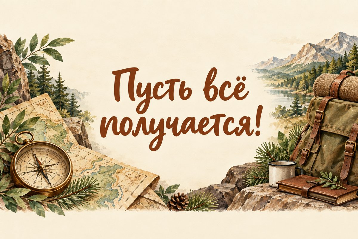 Открытка с днем рождения мужчине: компас, карта и рюкзак, надпись «Пусть всё получается!»