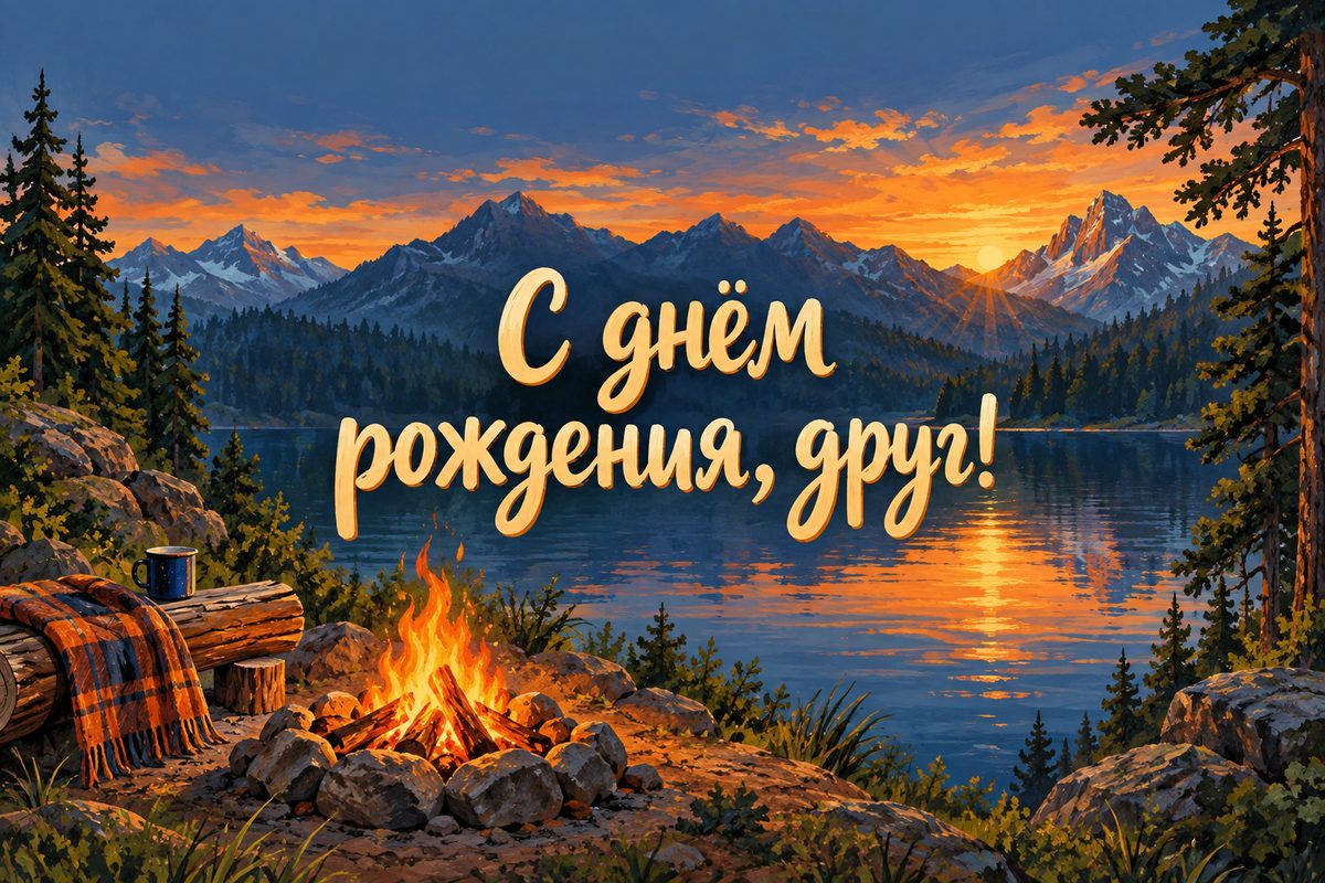Открытка с днем рождения мужчине: костёр у горного озера, надпись «С днём рождения, друг!»
