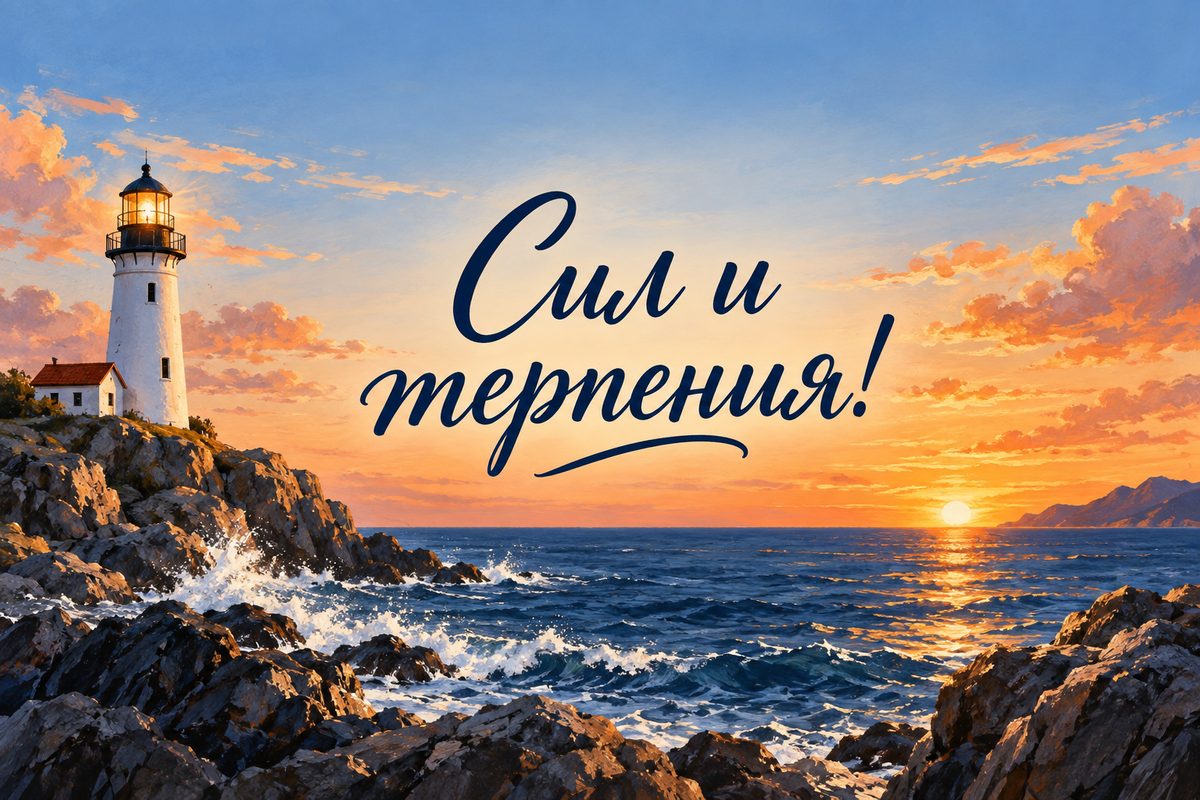 Открытка с днем рождения мужчине: маяк на скалистом берегу на закате, надпись «Сил и терпения!»