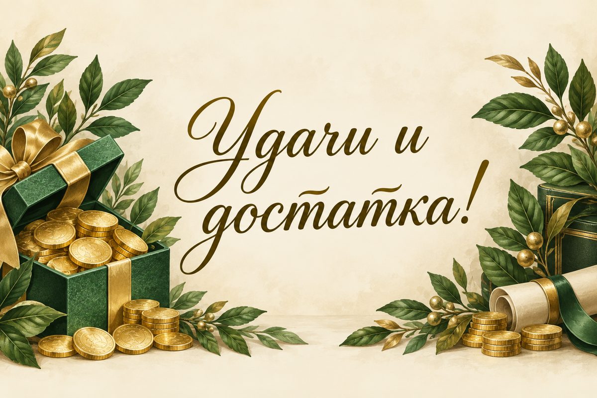 Открытка с днем рождения мужчине: золотые монеты в подарочной коробке, надпись «Удачи и достатка!»