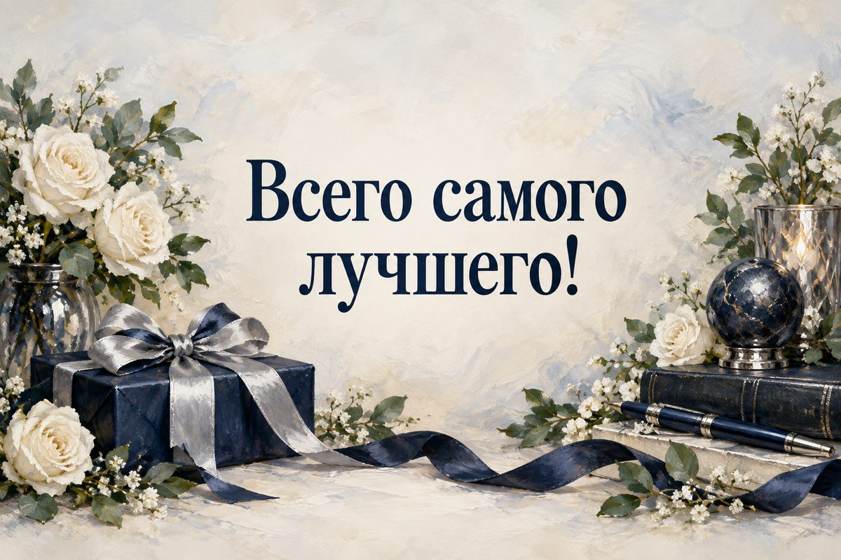 Открытка с днем рождения мужчине: подарок с синей лентой и белые розы, надпись «Всего самого лучшего!»