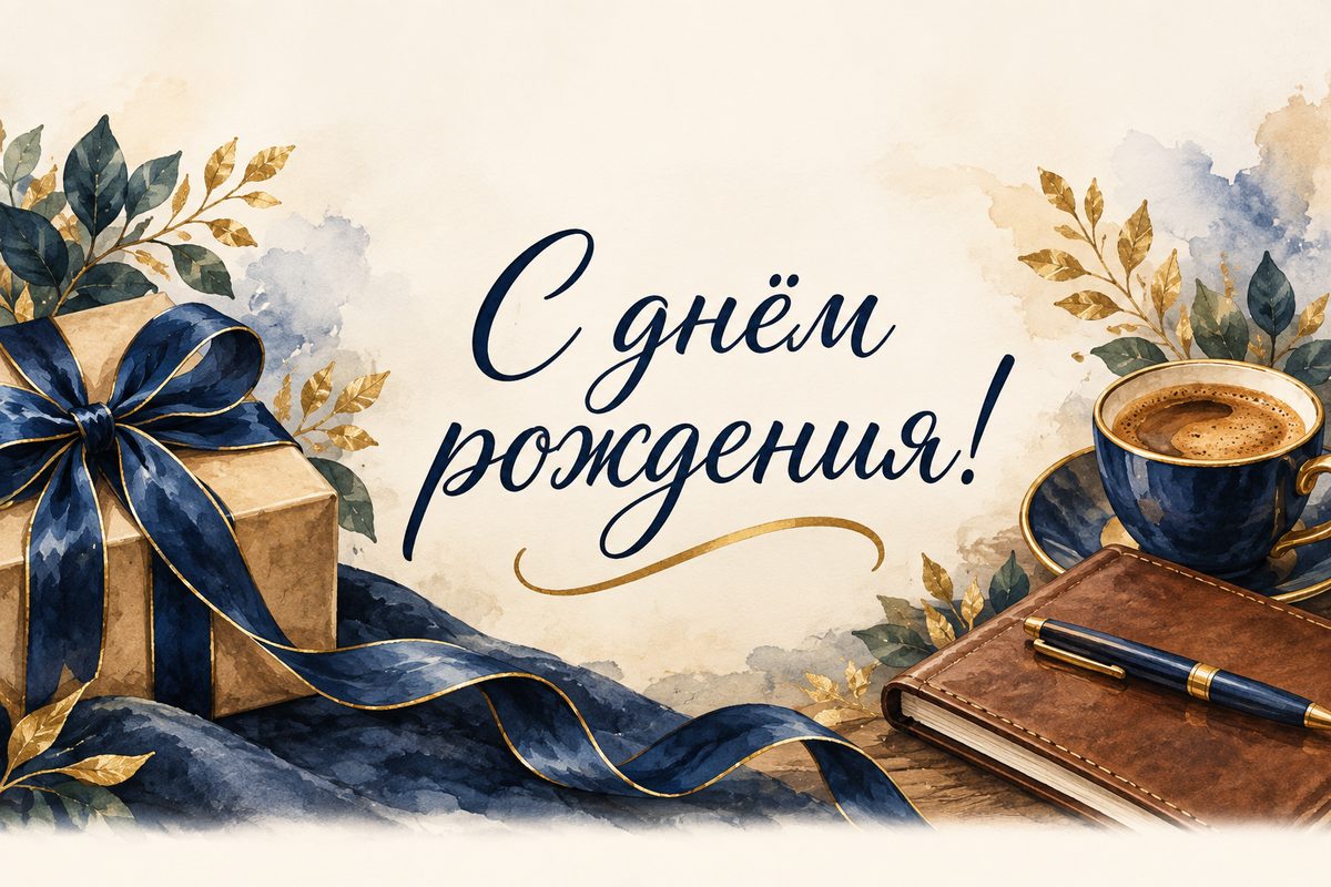 Открытка с днем рождения мужчине: подарок с синей лентой, кофе и кожаный блокнот, надпись «С днём рождения!»