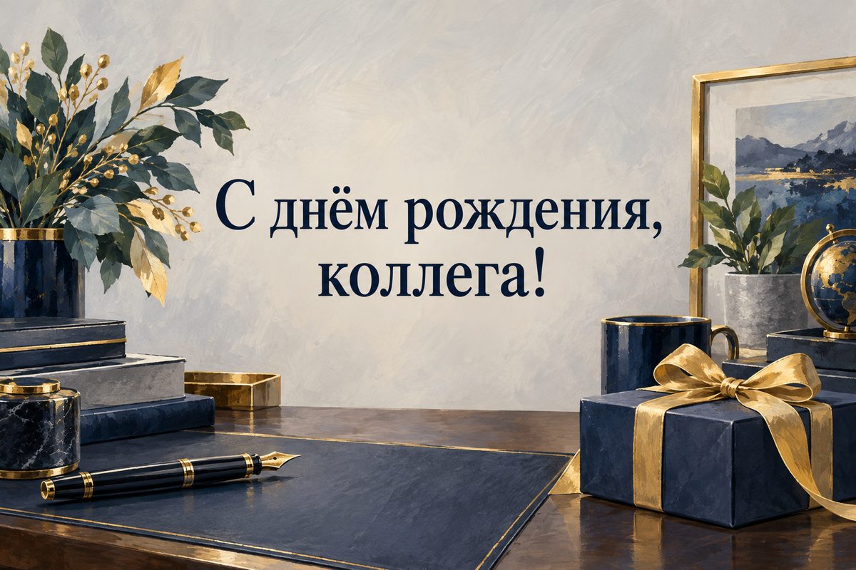 Открытка с днем рождения мужчине: рабочий стол с перьевой ручкой и подарком, надпись «С днём рождения, коллега!»