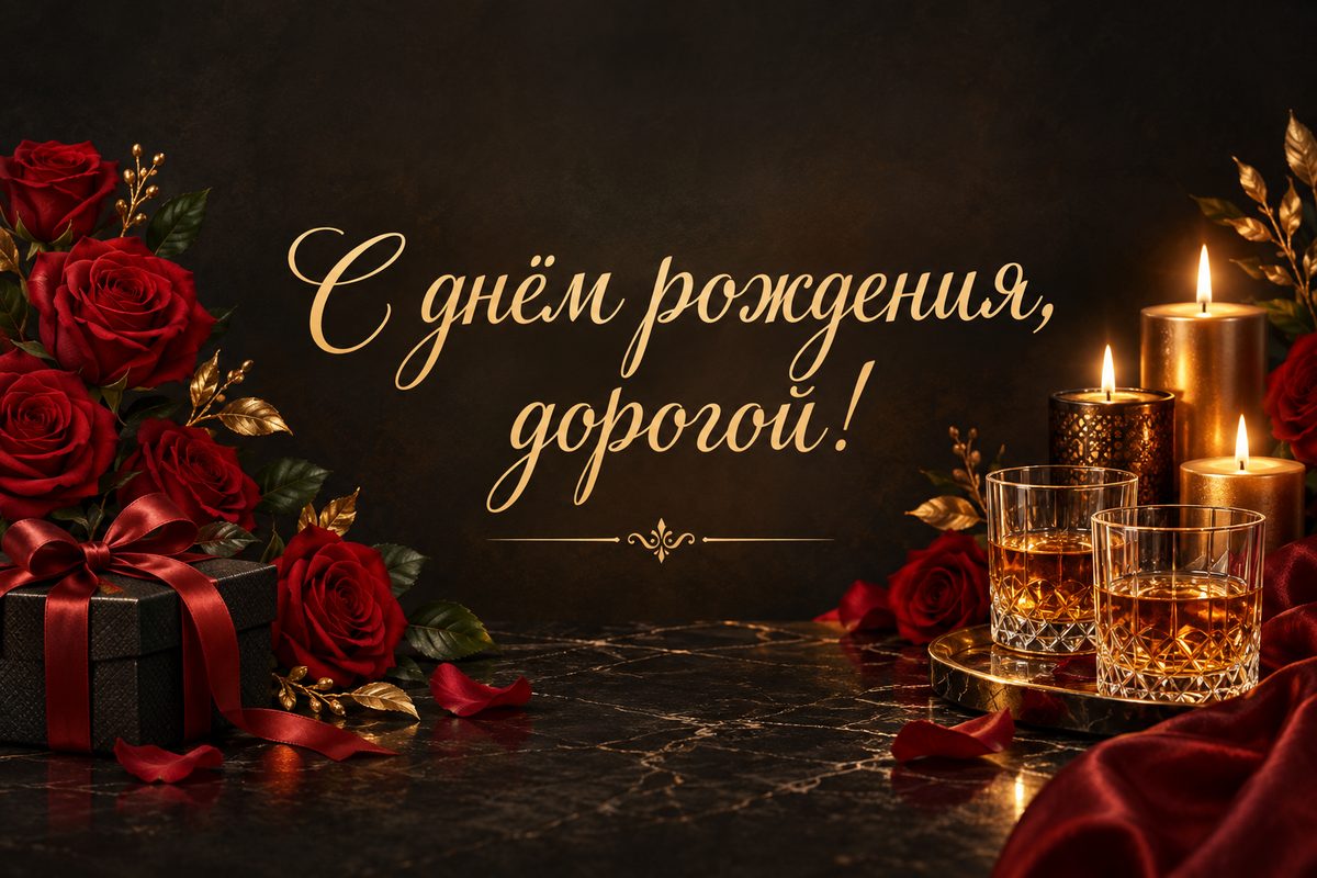 Открытка с днем рождения мужчине: красные розы, свечи и два бокала, надпись «С днём рождения, дорогой!»