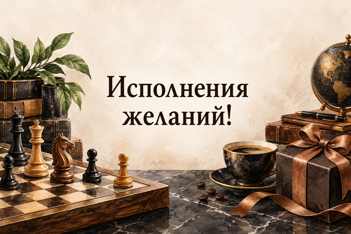 Открытка с днем рождения мужчине: шахматная доска, кофе и подарок, надпись «Исполнения желаний!»