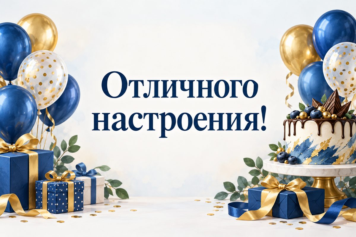 Открытка с днем рождения мужчине: синие и золотые шары и торт, надпись «Отличного настроения!»