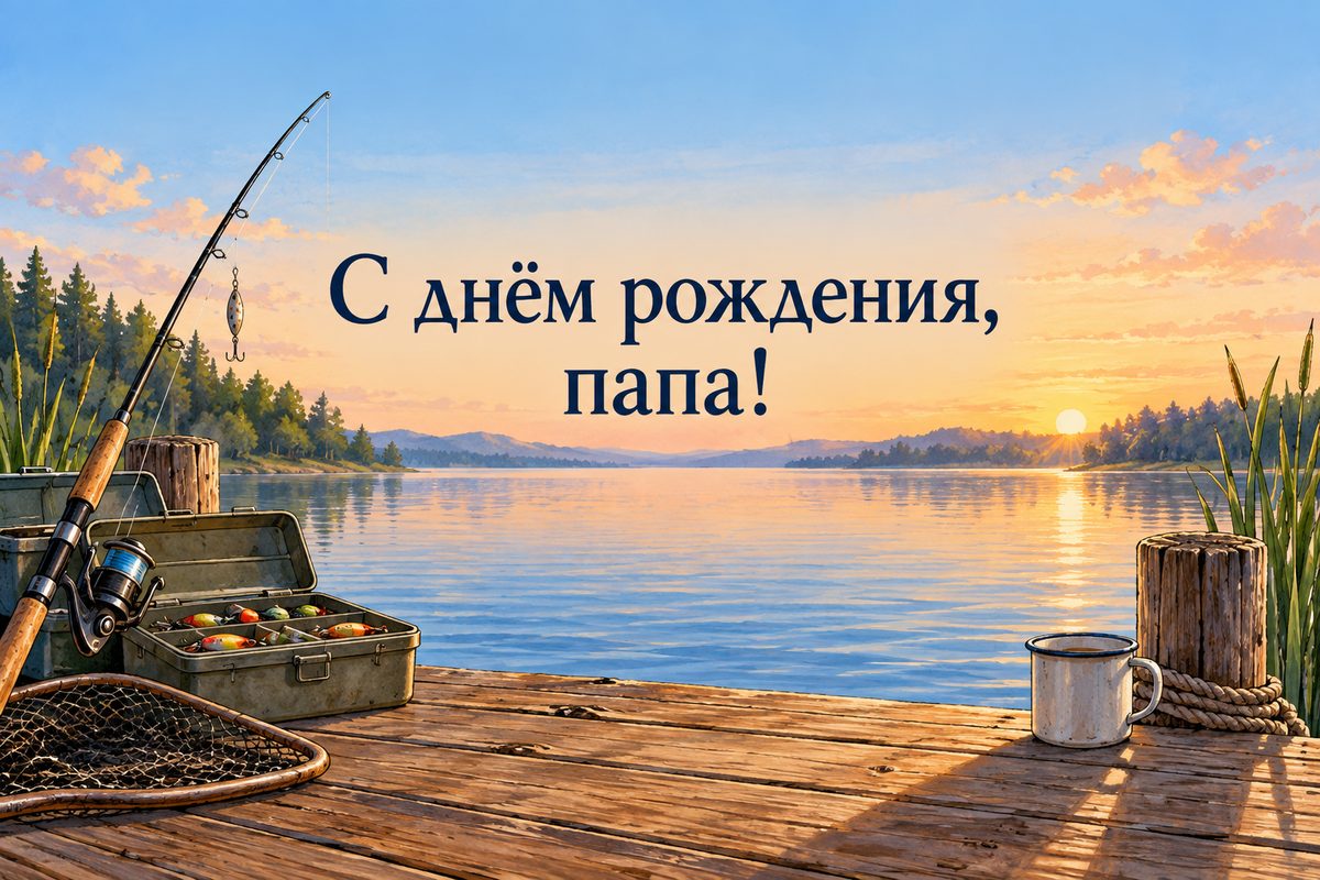 Открытка с днем рождения мужчине: удочка и ящик для снастей на причале, надпись «С днём рождения, папа!»