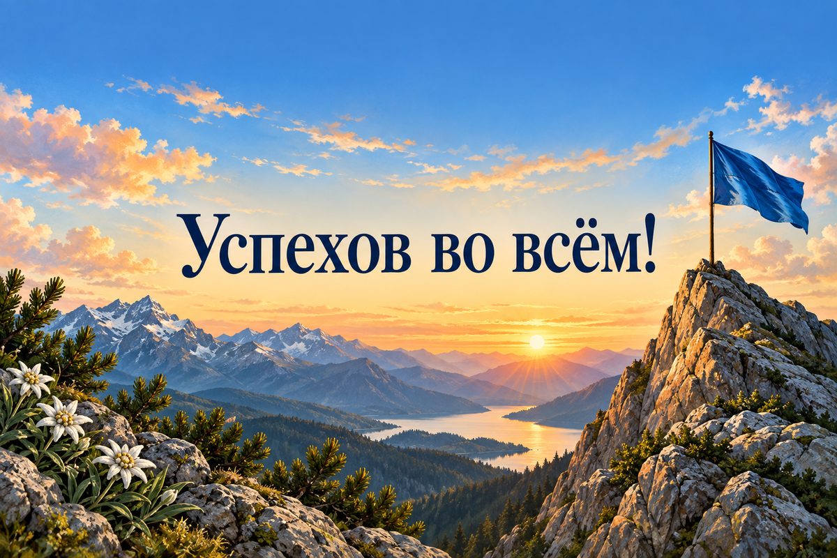 Открытка с днем рождения мужчине: горная вершина с флагом на рассвете, надпись «Успехов во всём!»