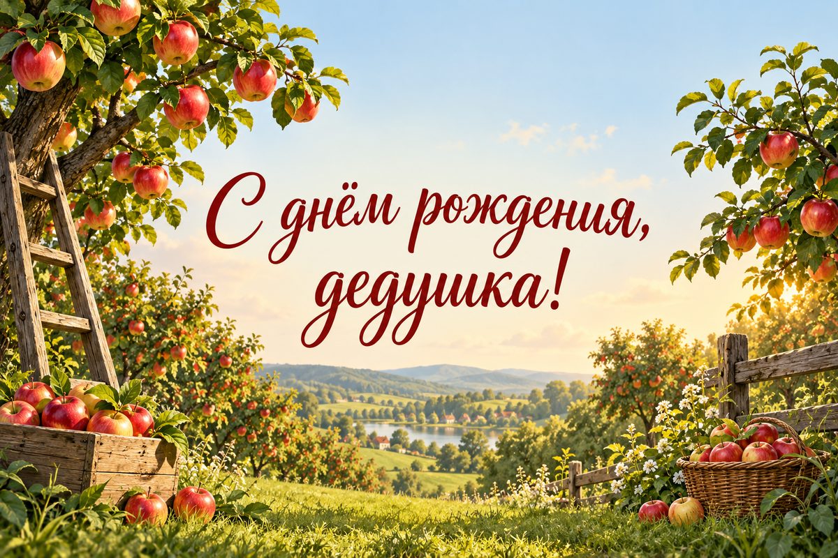 Открытка с днем рождения мужчине: яблоневый сад со спелыми яблоками, надпись «С днём рождения, дедушка!»