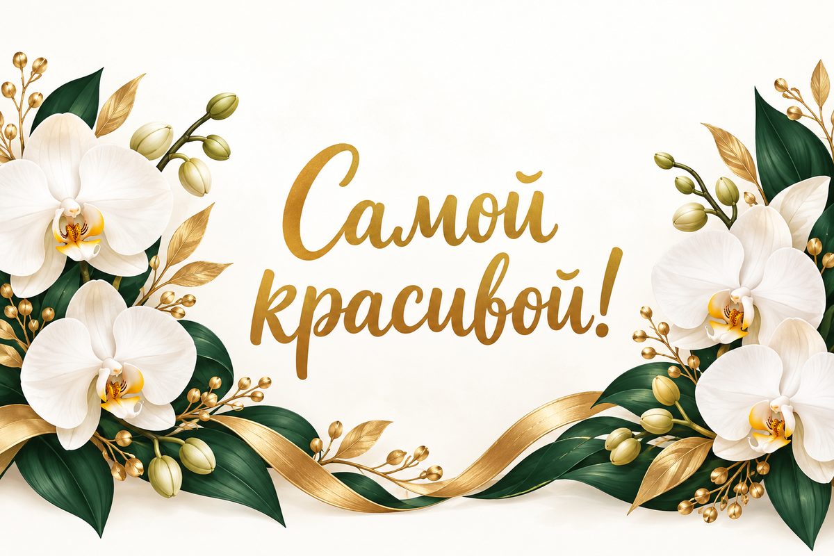 Открытка с днем рождения женщине: белые орхидеи и золотые листья, надпись «Самой красивой!»