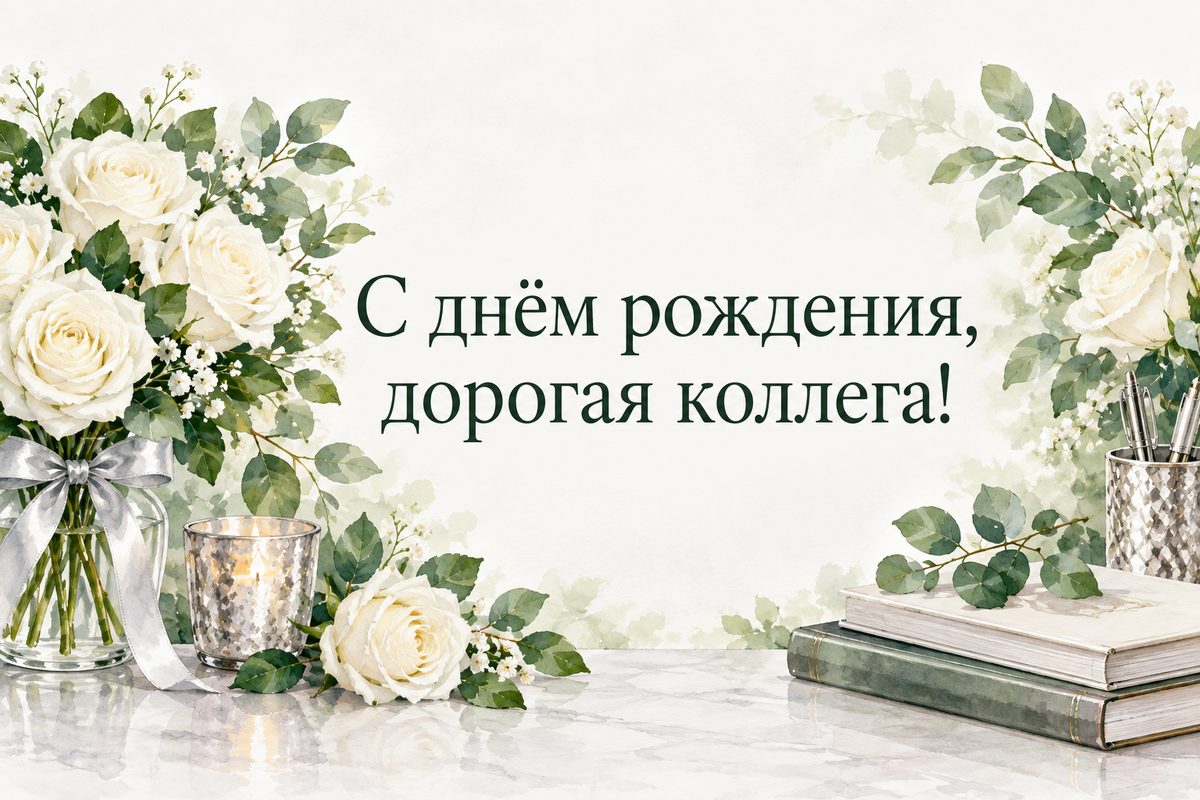 Открытка с днем рождения женщине: букет белых роз на рабочем столе, надпись «С днём рождения, дорогая коллега!»
