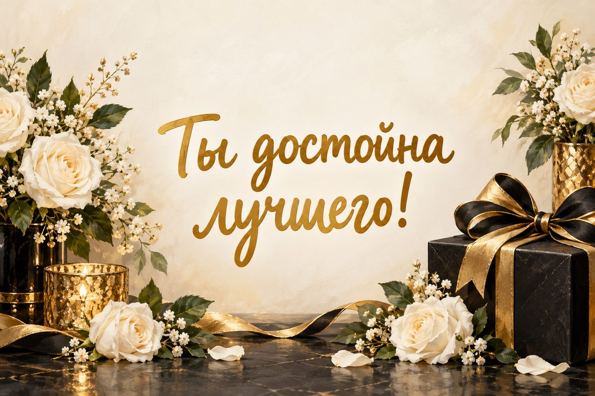 Открытка с днем рождения женщине: подарок с чёрно-золотой лентой и белые розы, надпись «Ты достойна лучшего!»