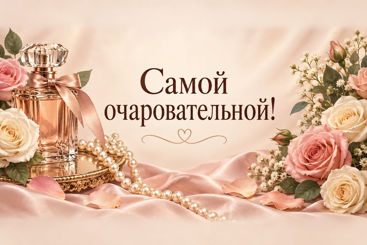 Открытка с днем рождения женщине: флакон духов, жемчуг и розы на шёлке, надпись «Самой очаровательной!»