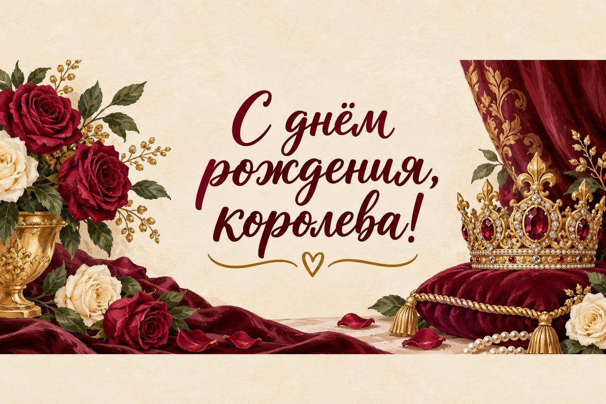 Открытка с днем рождения женщине: корона на бархатной подушке и розы, надпись «С днём рождения, королева!»