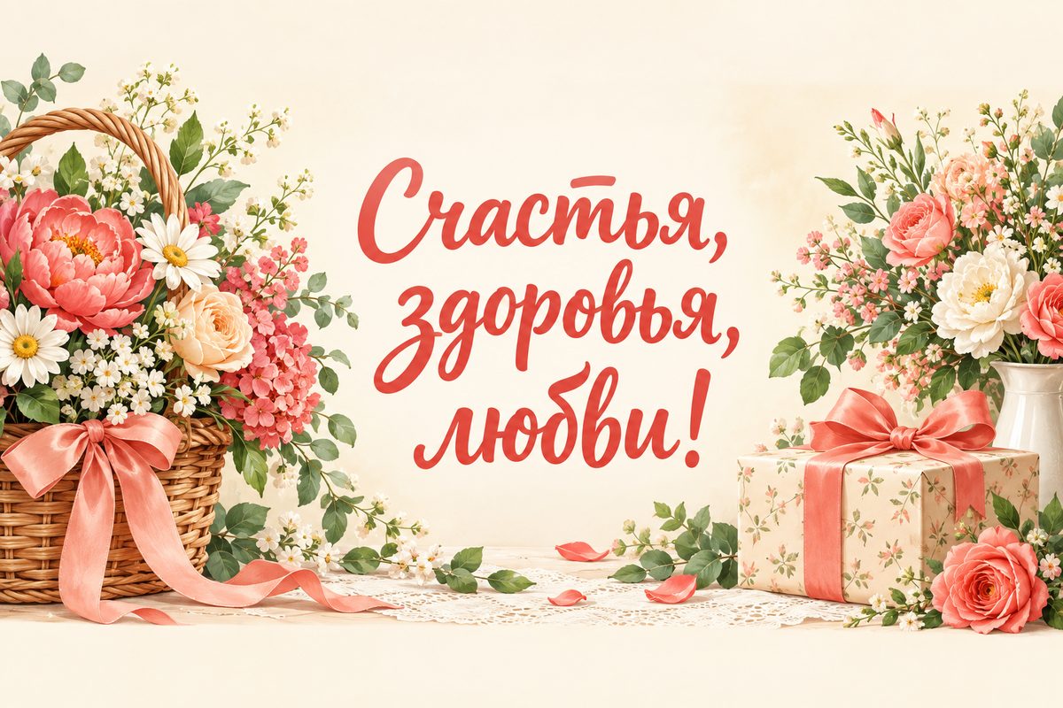 Открытка с днем рождения женщине: корзина садовых цветов и подарок, надпись «Счастья, здоровья, любви!»