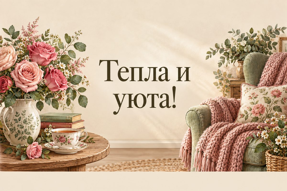 Открытка с днем рождения женщине: кресло с пледом, чай и розы, надпись «Тепла и уюта!»