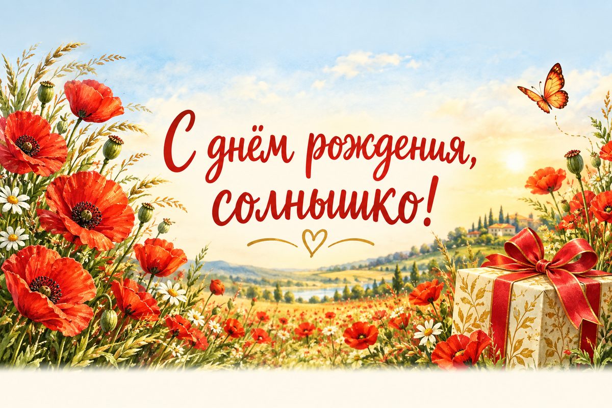Открытка с днем рождения женщине: солнечный луг с маками и подарок, надпись «С днём рождения, солнышко!»