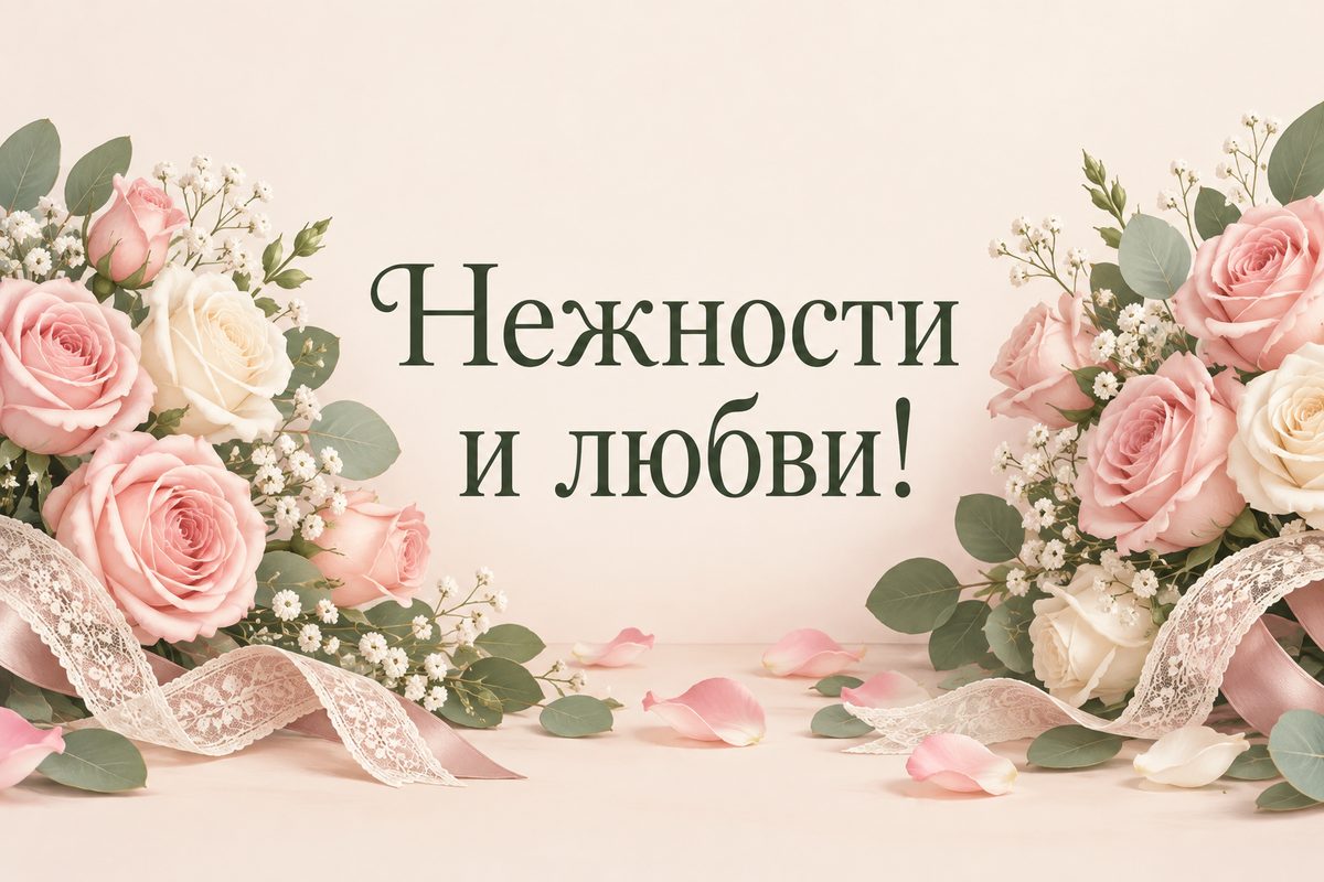 Открытка с днем рождения женщине: букет пастельных роз с кружевной лентой, надпись «Нежности и любви!»