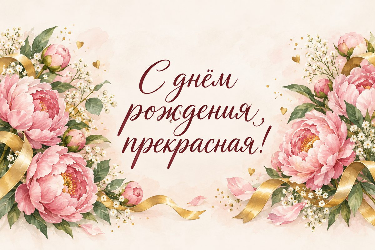 Открытка с днем рождения женщине: пышный букет розовых пионов с золотыми лентами, надпись «С днём рождения, прекрасная!»