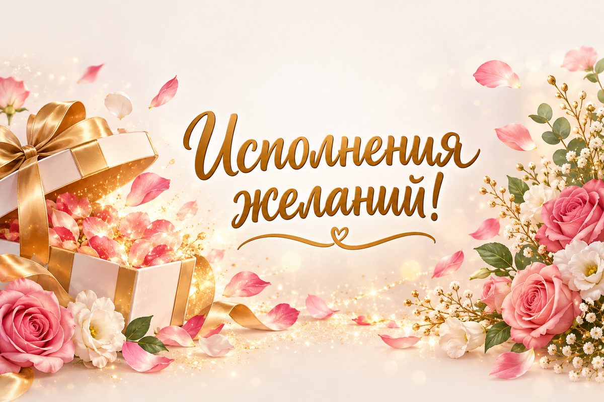 Открытка с днем рождения женщине: подарок, из которого сыплются лепестки, надпись «Исполнения желаний!»