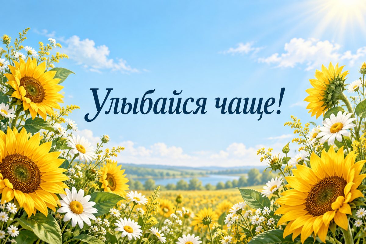 Открытка с днем рождения женщине: подсолнухи и ромашки на солнце, надпись «Улыбайся чаще!»
