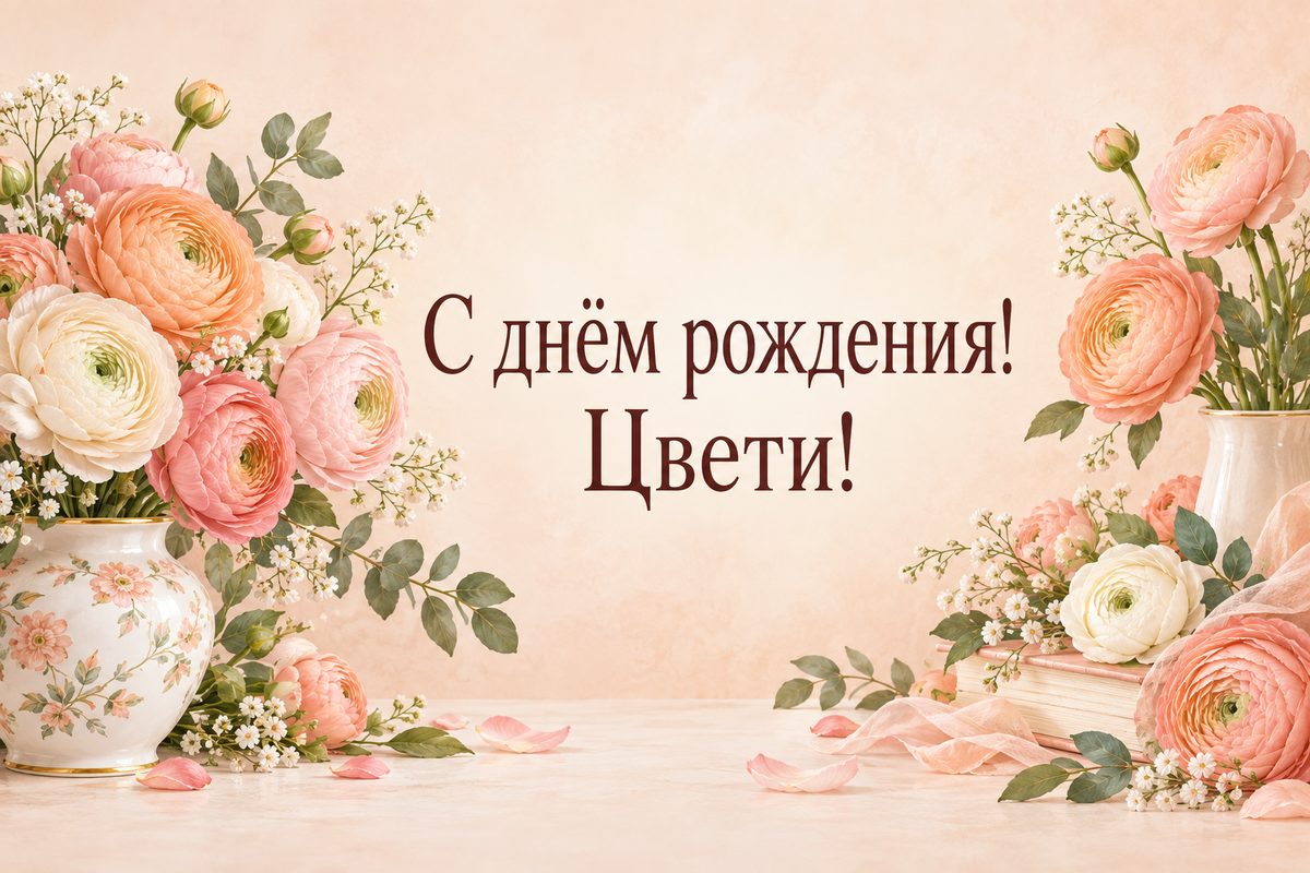 Открытка с днем рождения женщине: пастельные ранункулюсы в фарфоровой вазе, надпись «С днём рождения! Цвети!»