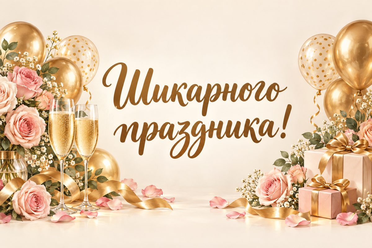 Открытка с днем рождения женщине: бокалы шампанского, золотые шары и розы, надпись «Шикарного праздника!»