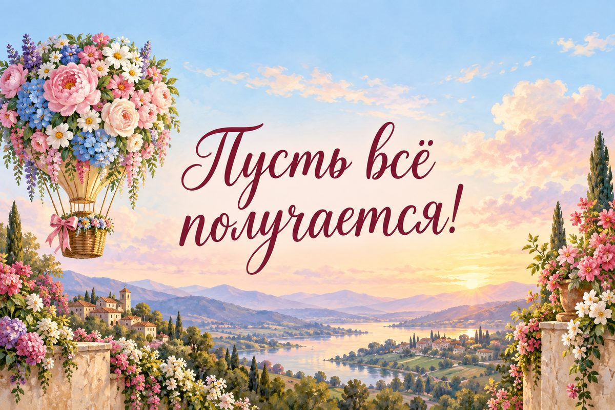 Открытка с днем рождения женщине: воздушный шар из цветов над долиной, надпись «Пусть всё получается!»