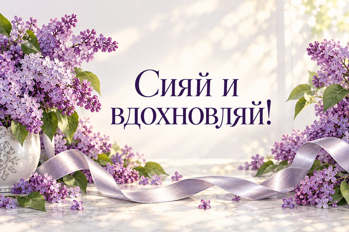 Открытка с днем рождения женщине: ветки сирени и шёлковая лента, надпись «Сияй и вдохновляй!»