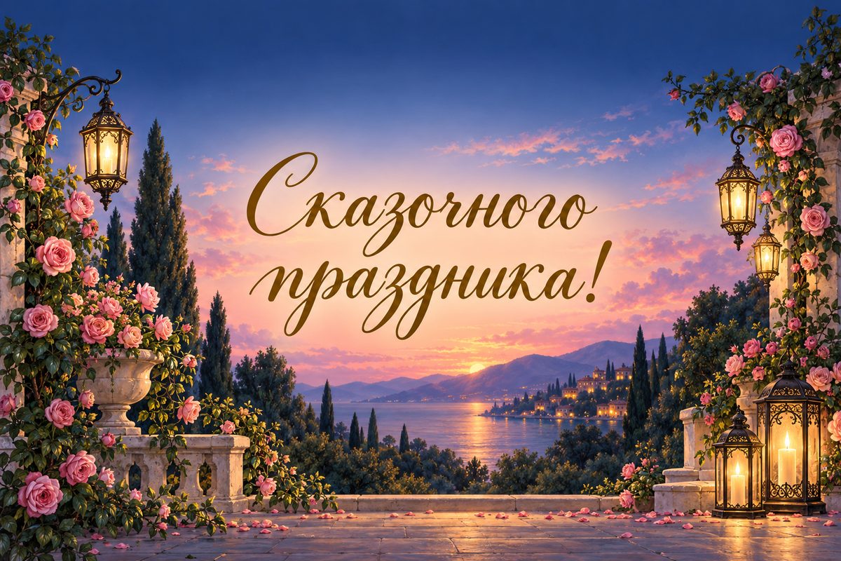 Открытка с днем рождения женщине: сказочный сад с фонариками и розами, надпись «Сказочного праздника!»