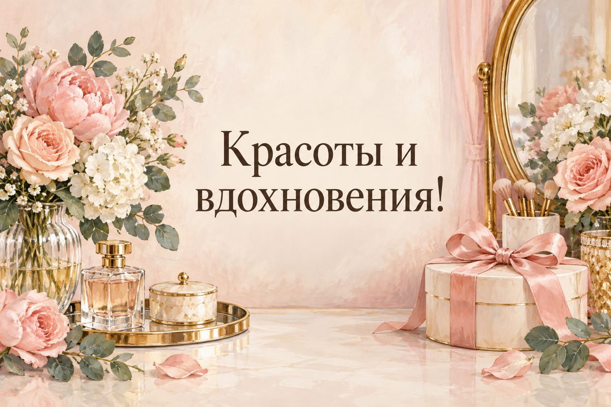 Открытка с днем рождения женщине: туалетный столик с цветами и подарком, надпись «Красоты и вдохновения!»