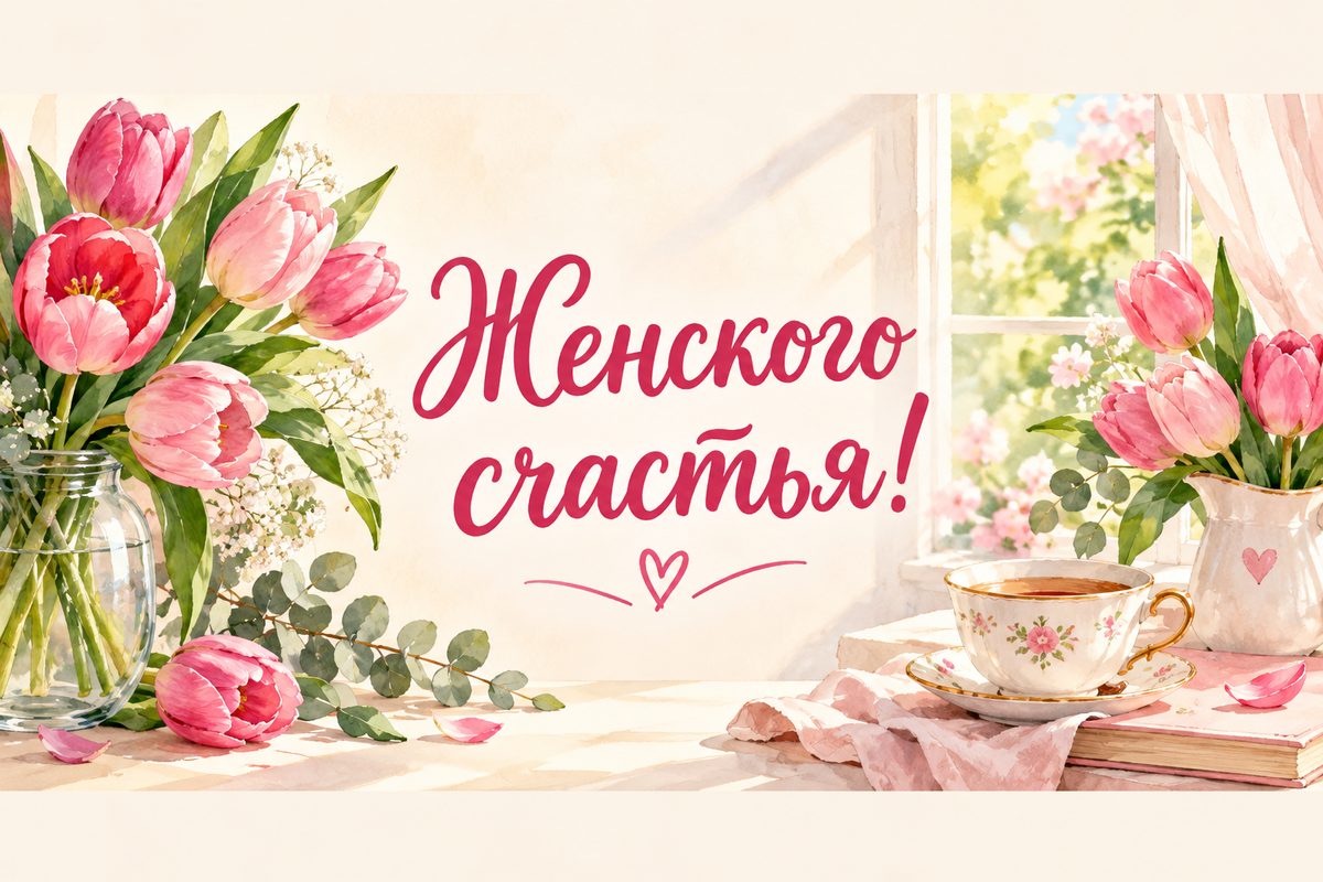 Открытка с днем рождения женщине: тюльпаны и чашка чая на подоконнике, надпись «Женского счастья!»