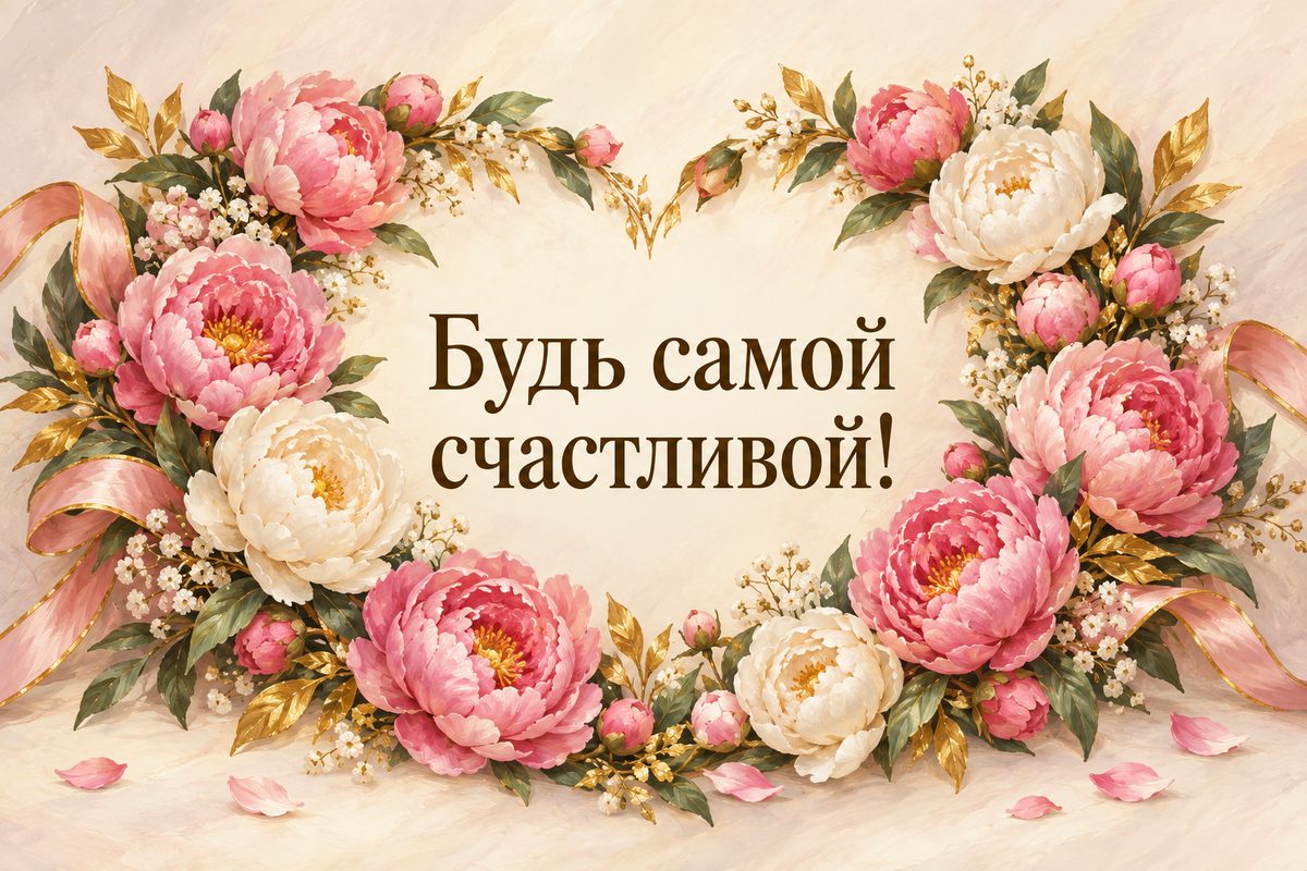 Открытка с днем рождения женщине: венок-сердце из пионов, надпись «Будь самой счастливой!»