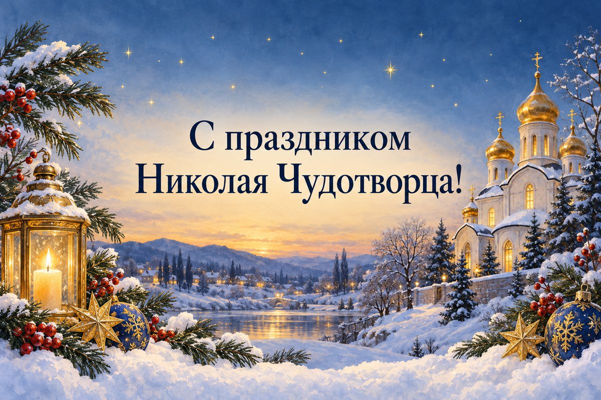Открытка ко Дню святого Николая: церковь в снегу в сумерках, надпись «С праздником Николая Чудотворца!»