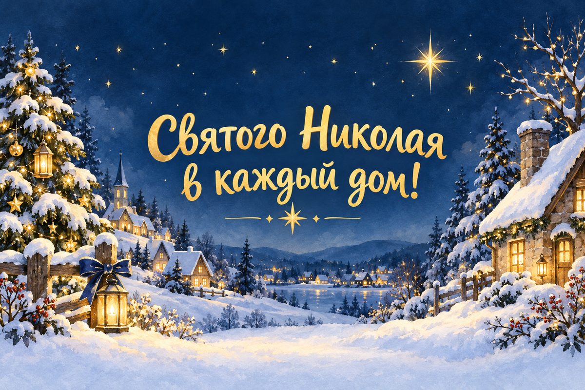 Открытка ко Дню святого Николая: заснеженная деревня с тёплыми окнами, надпись «Святого Николая в каждый дом!»