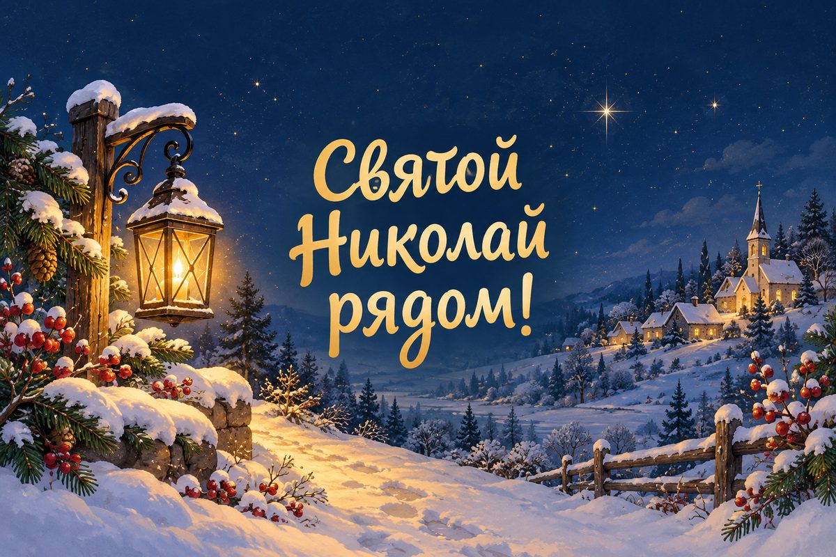 Открытка ко Дню святого Николая: фонарь в снегу освещает тропинку, надпись «Святой Николай рядом!»