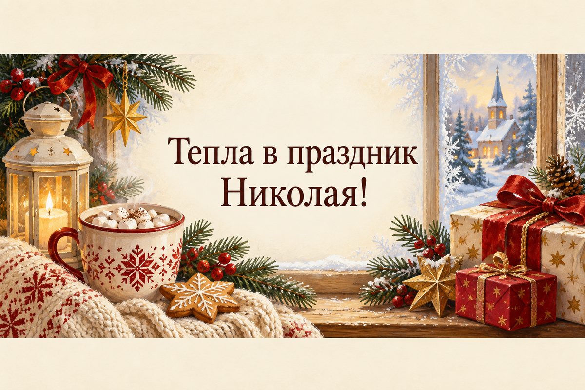 Открытка ко Дню святого Николая: чашка какао и свеча у морозного окна, надпись «Тепла в праздник Николая!»