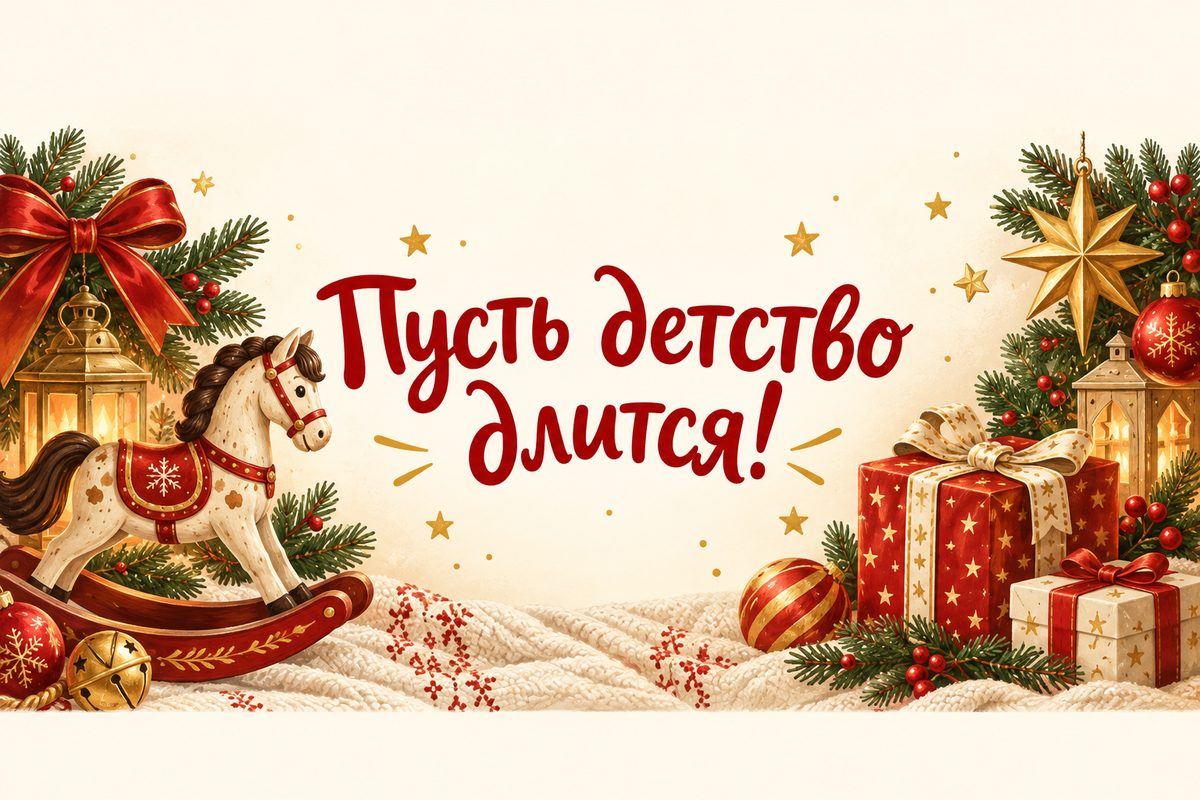 Открытка ко Дню святого Николая: лошадка-качалка с подарком, надпись «Пусть детство длится!»