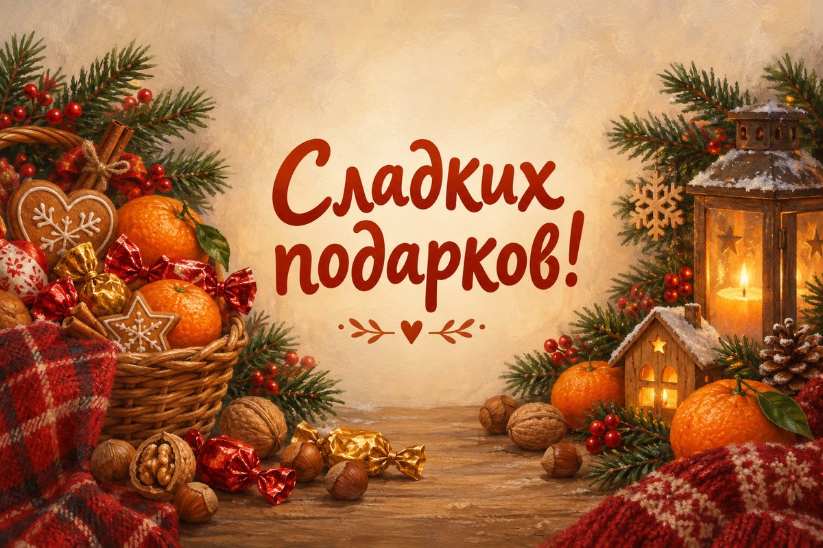 Открытка ко Дню святого Николая: конфеты, мандарины и орехи в корзинке, надпись «Сладких подарков!»