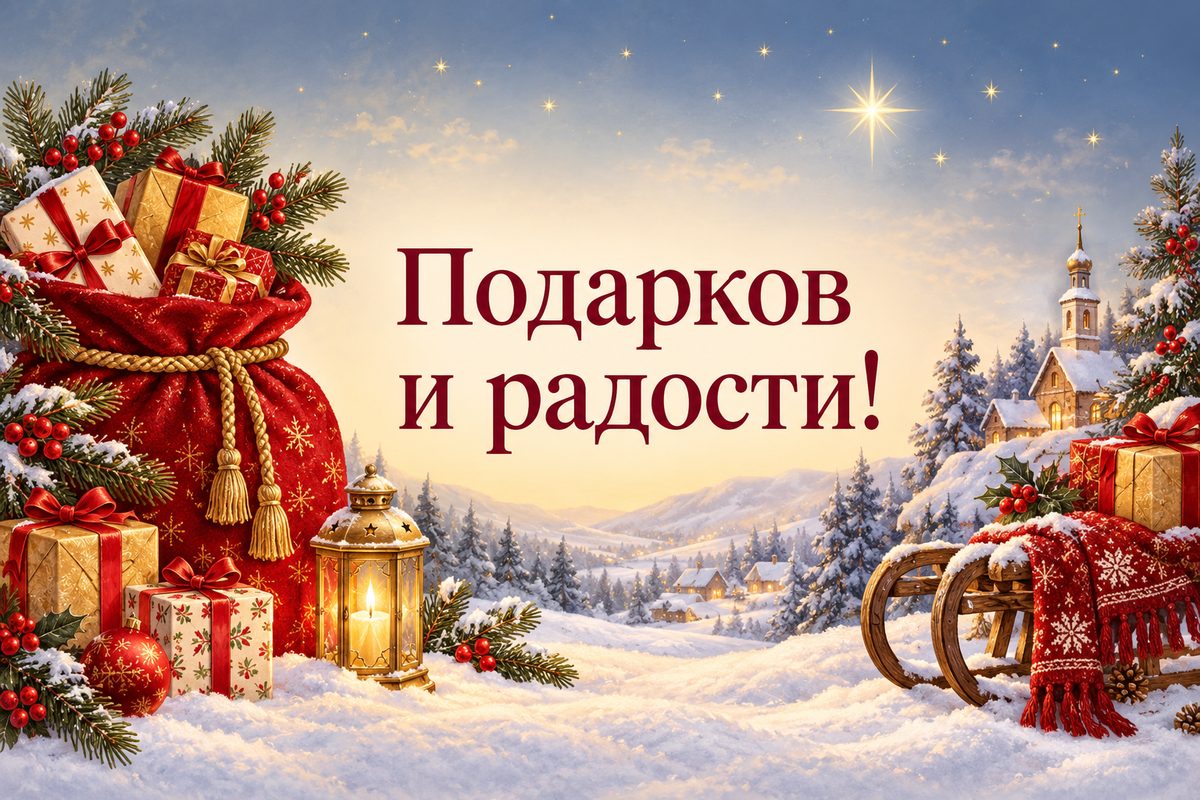 Открытка ко Дню святого Николая: мешок с подарками в снегу под звёздами, надпись «Подарков и радости!»