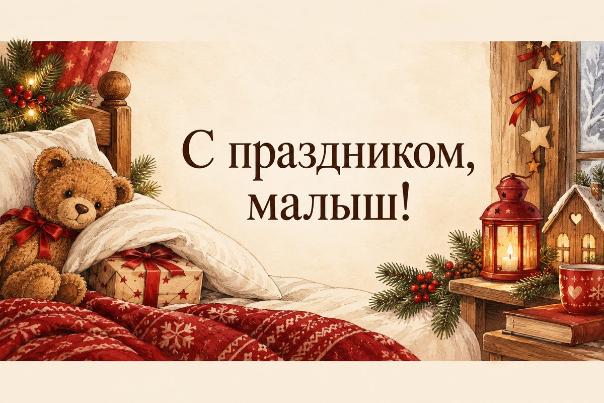 Открытка ко Дню святого Николая: плюшевый мишка с подарком, надпись «С праздником, малыш!»