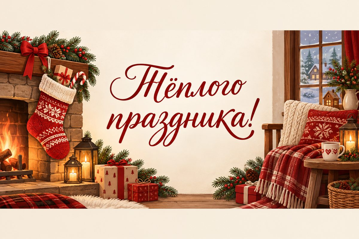Открытка ко Дню святого Николая: вязаный носок с подарками у камина, надпись «Тёплого праздника!»