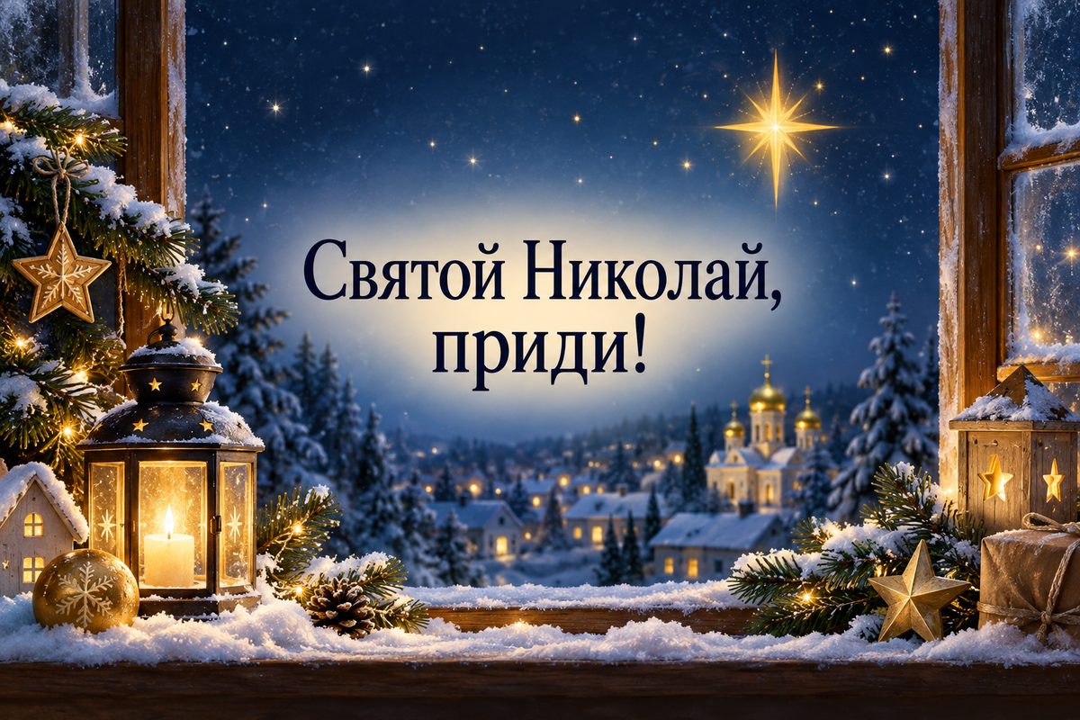 Открытка ко Дню святого Николая: заснеженное окно ночью с фонарём и звездой, надпись «Святой Николай, приди!»