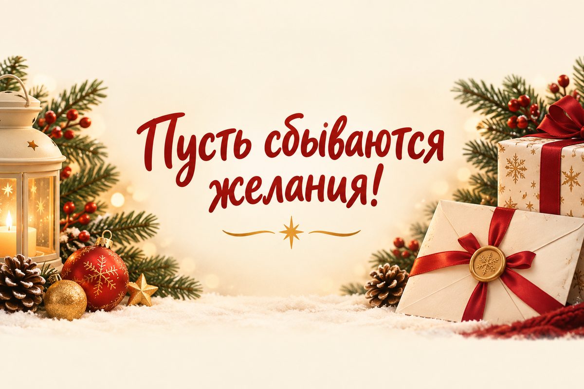 Открытка ко Дню святого Николая: письмо с красной лентой и свеча, надпись «Пусть сбываются желания!»